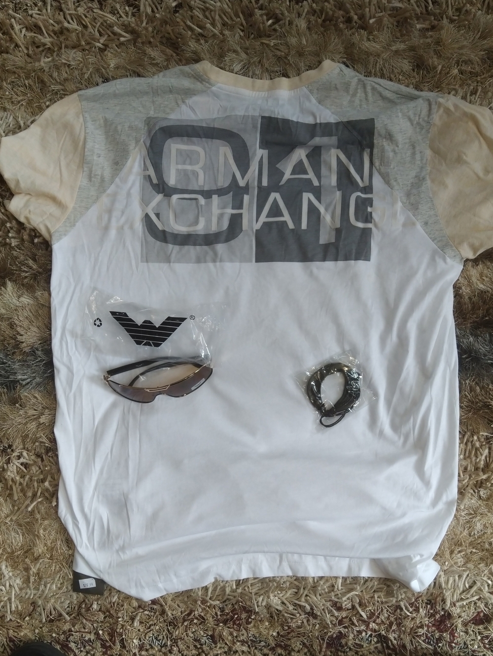 New A/X Armani Exchange White Tee with Light Gray Logo and Cream Sleeves + Bonus